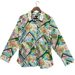 Talbots Womens Tunic AOP Button‎ Down Top Size XL Novelty Print Vacation Cruise